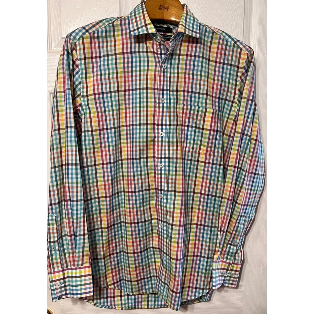 Leo Chevalier Design Mens Rainbow Check Non-Iron Cotton Dress Shirt 16‎ 34/35